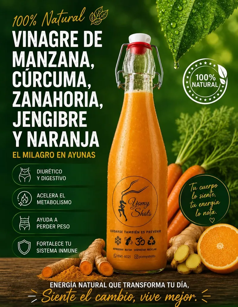 Botella de shot naranja con jengibre, zanahoria, cúrcuma y naranja sobre una mesa