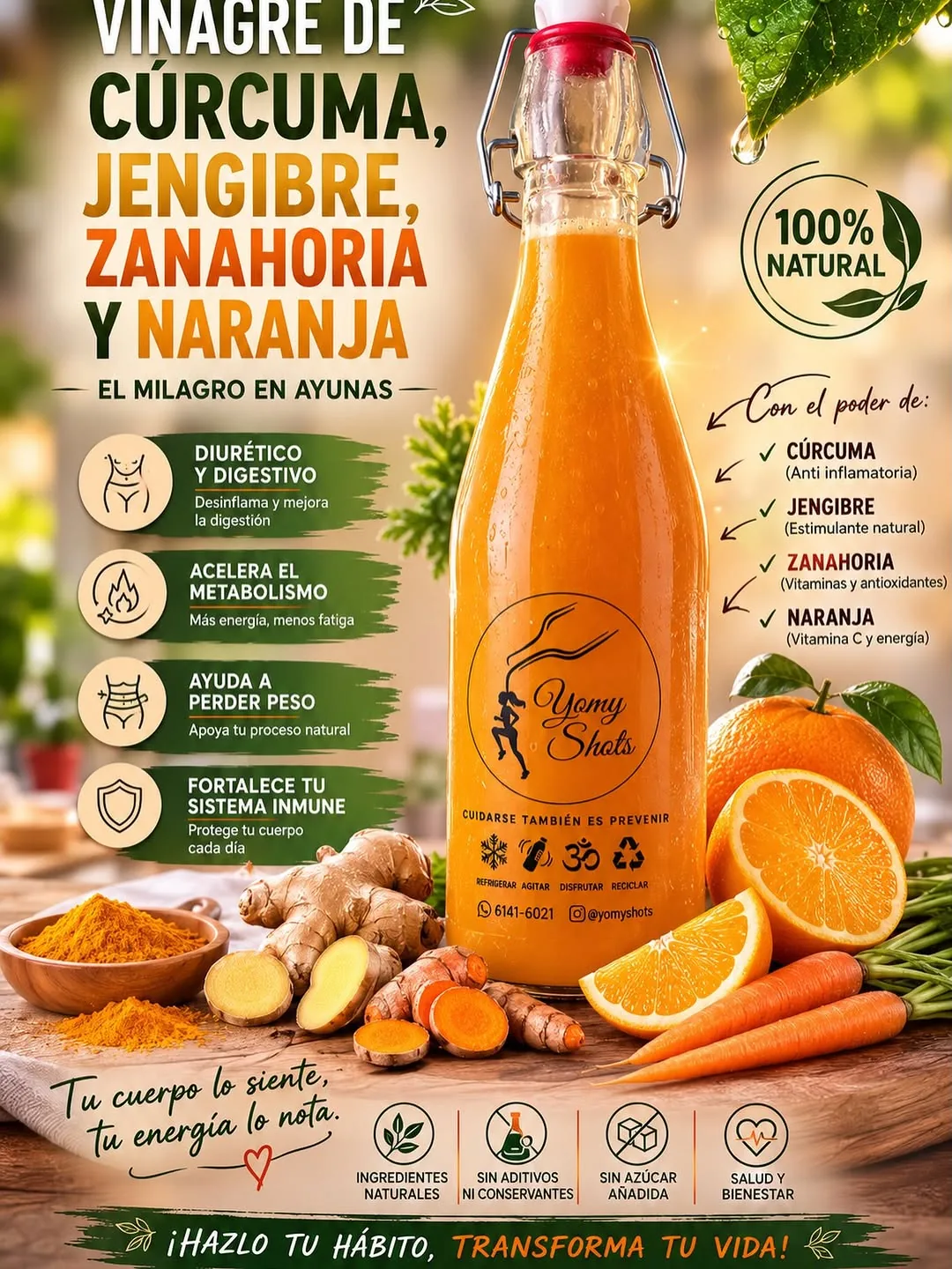 Shot natural de cúrcuma, jengibre, zanahoria y naranja Yomy Shots