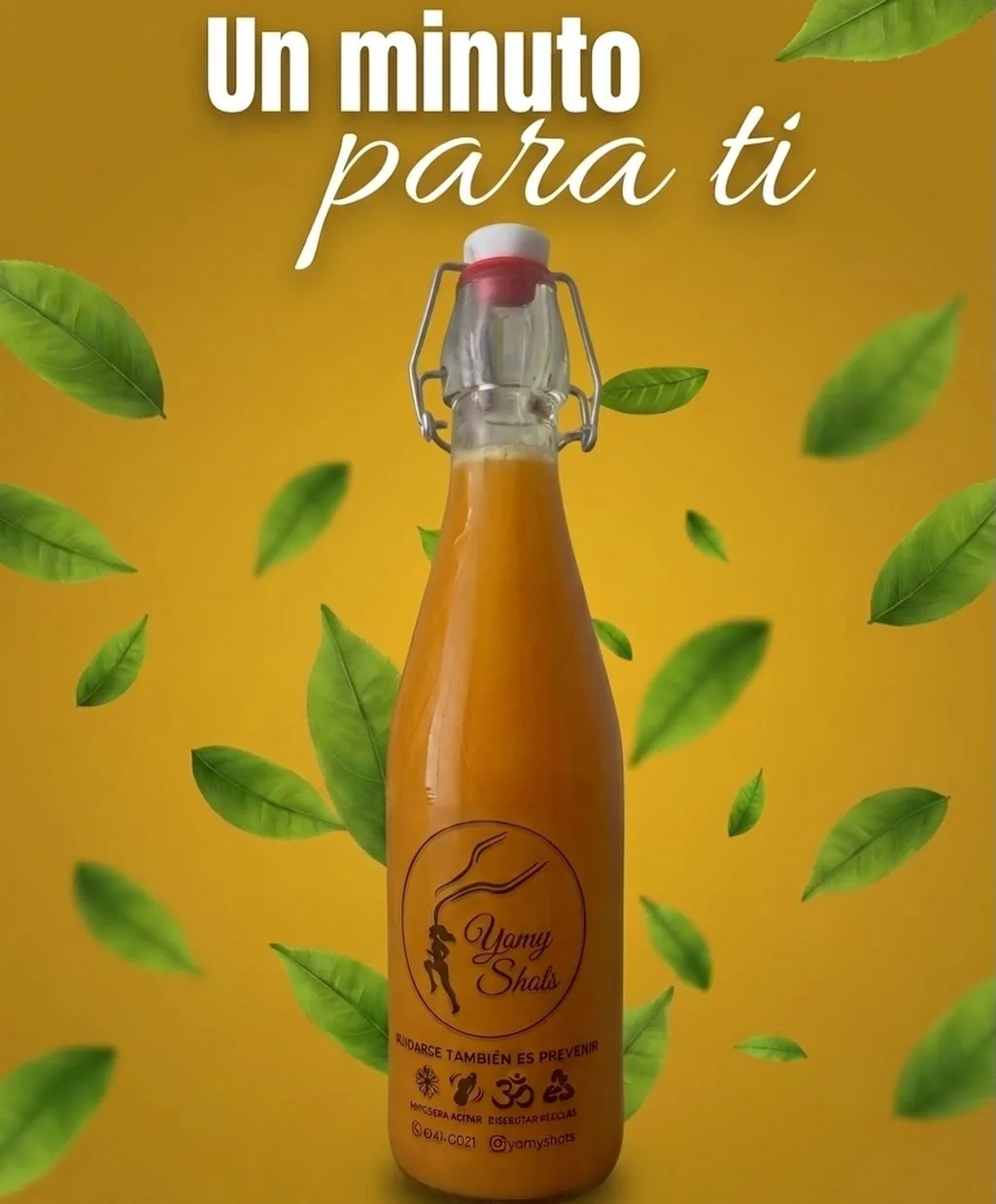 Shot natural Yomy Shots en botella con hojas verdes